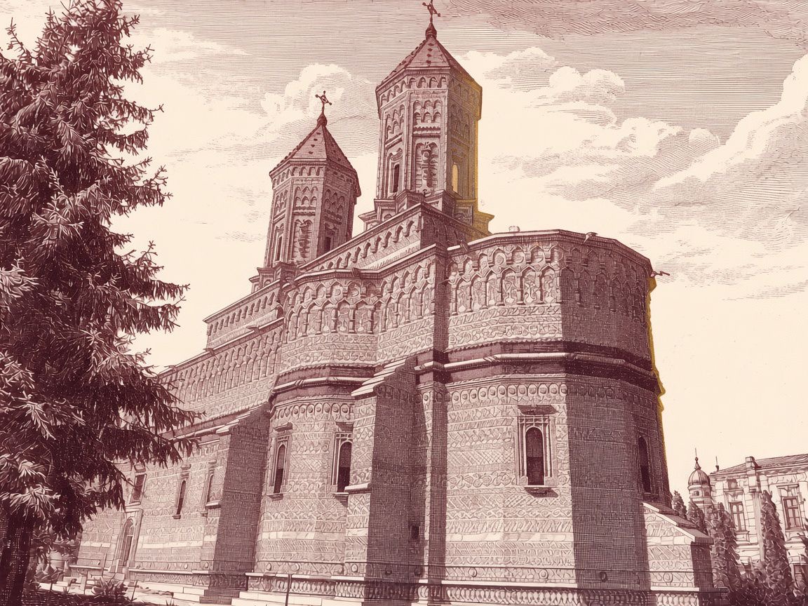 Gravură vișinie: biserică medievală românească de piatră, cu turlă și cruci