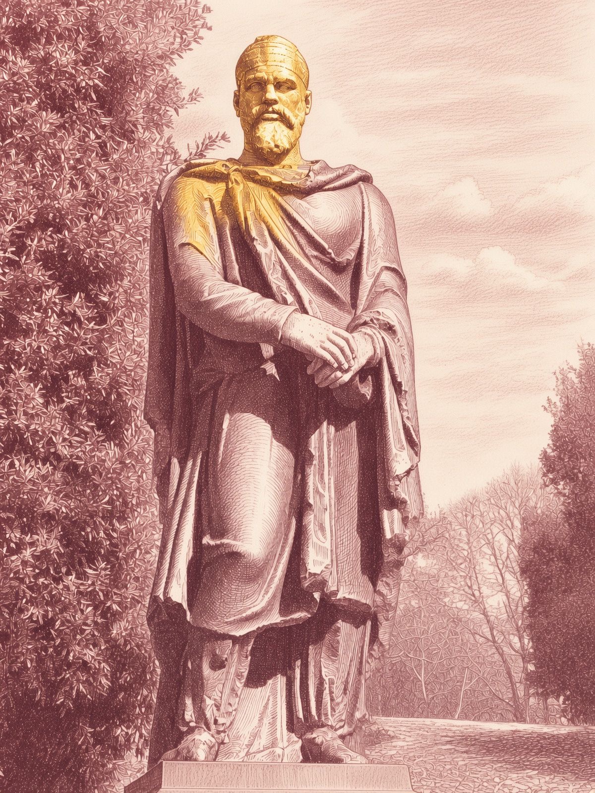 Gravură vișinie: statuia unui împărat roman târziu, în mantie, într-un parc