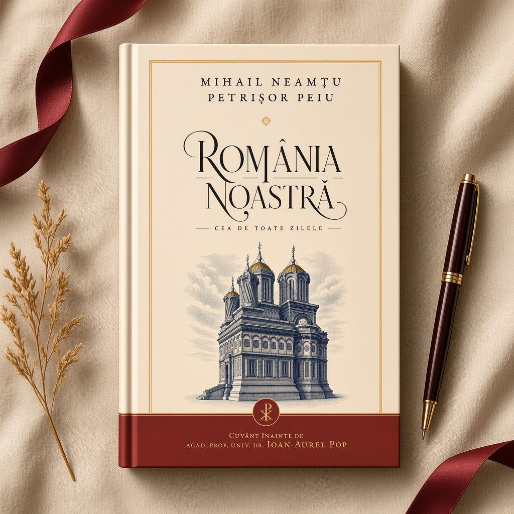 Ediția cartonată a volumului „România noastră cea de toate zilele”, așezată pe pânză crem, lângă o panglică bordo și un stilou