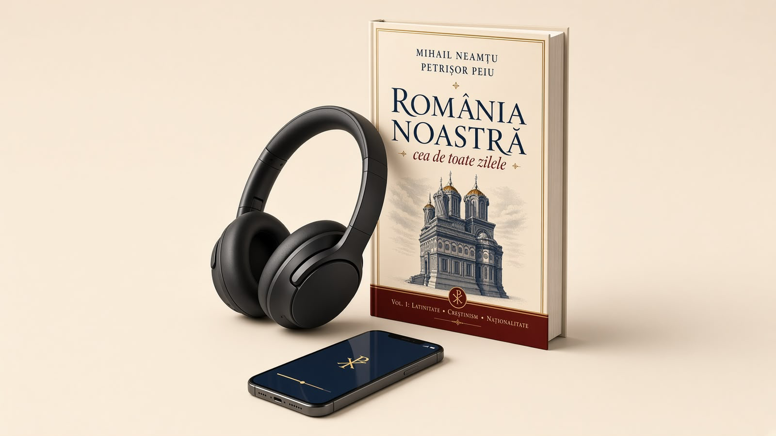 Volumul alături de căști și un telefon, pentru ediția audio