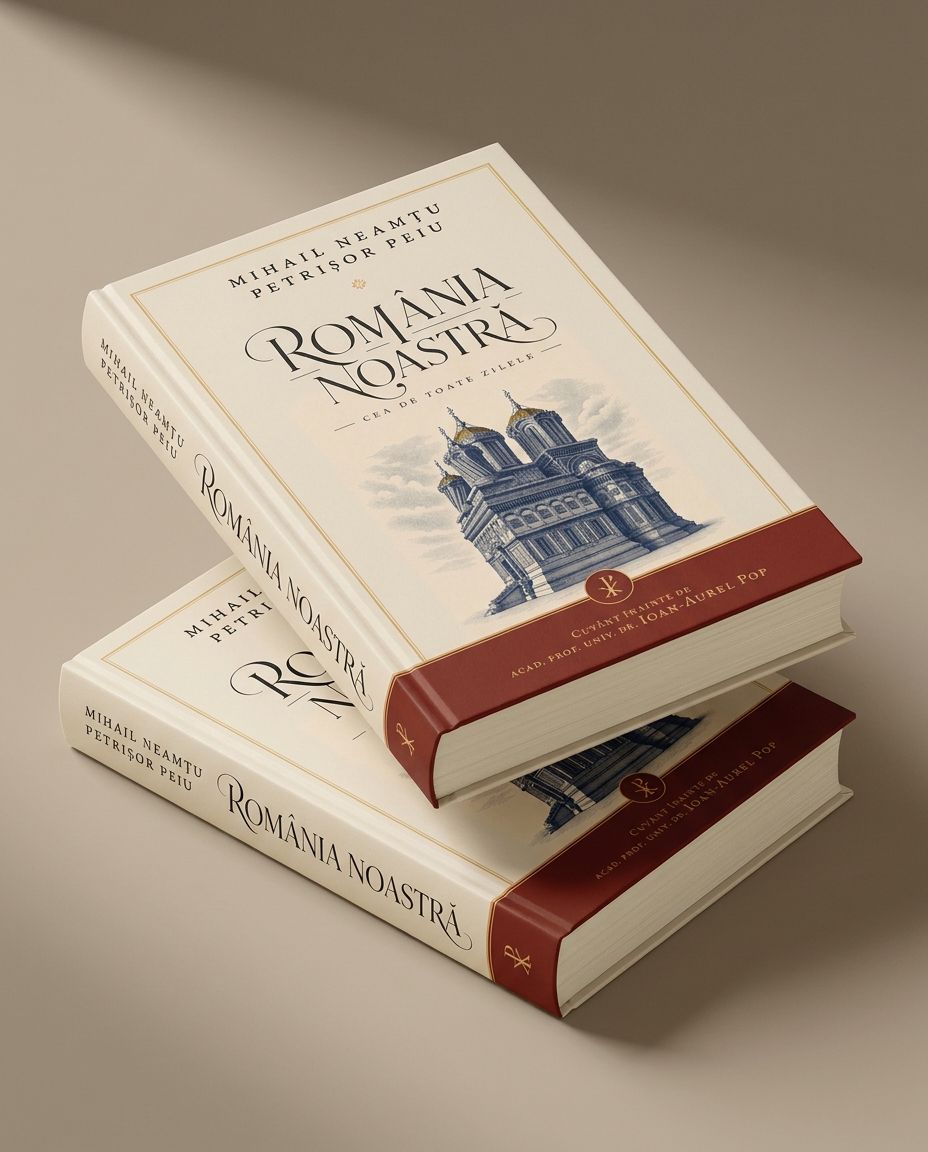 Două exemplare ale ediției cartonate „România noastră cea de toate zilele”, suprapuse, cu cotorul vișiniu și coperta ilustrată