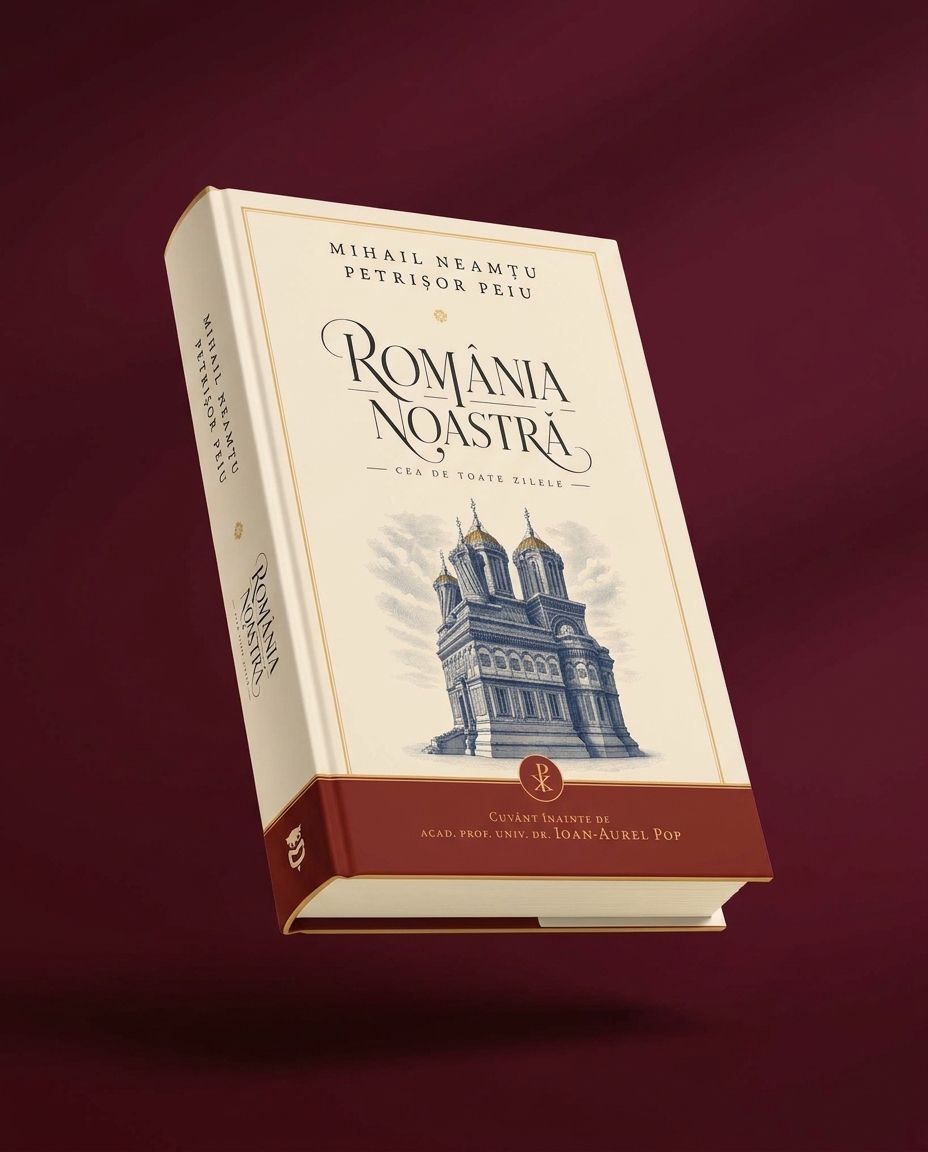 Ediția cartonată a volumului „România noastră cea de toate zilele”, pe fond vișiniu